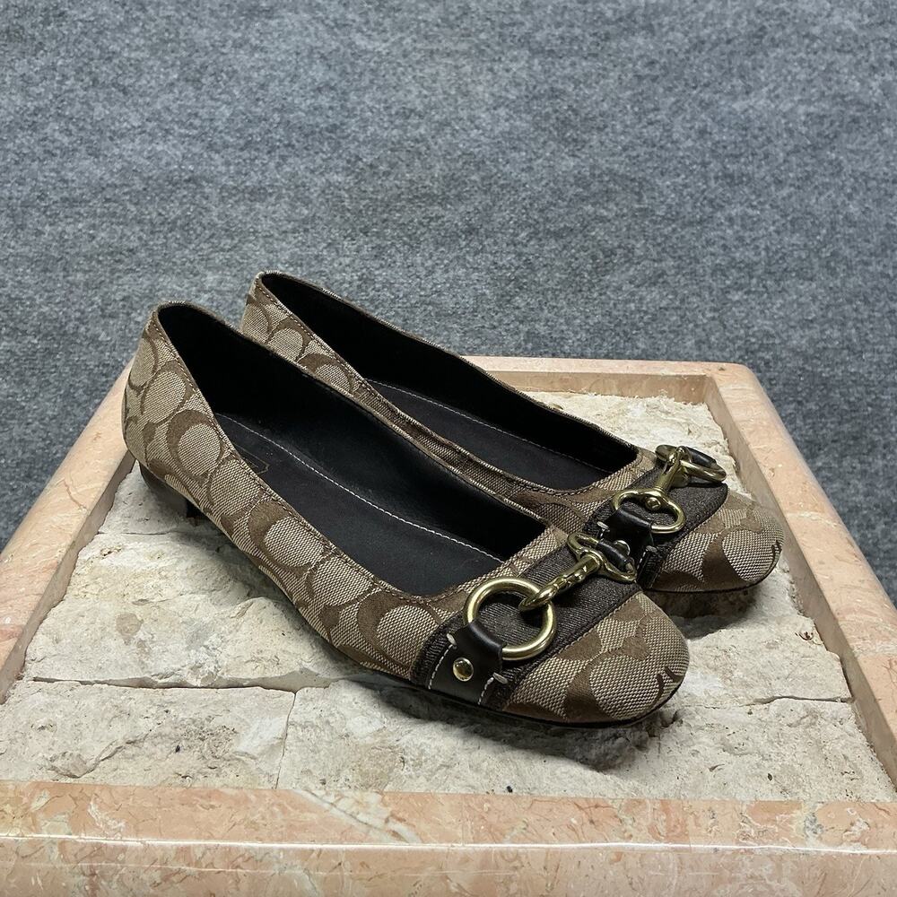 Coach Signature Logo Canvas Ballet Flats Brass Hook 7.5 Brown
